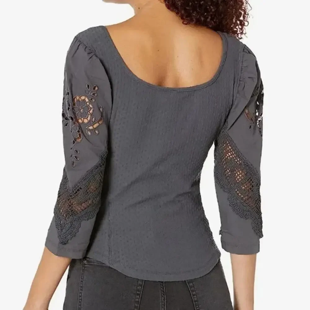 FREE PEOPLE Floral Lace Embroidered Swiss Dot Brunch Date Top Gray Romantic S